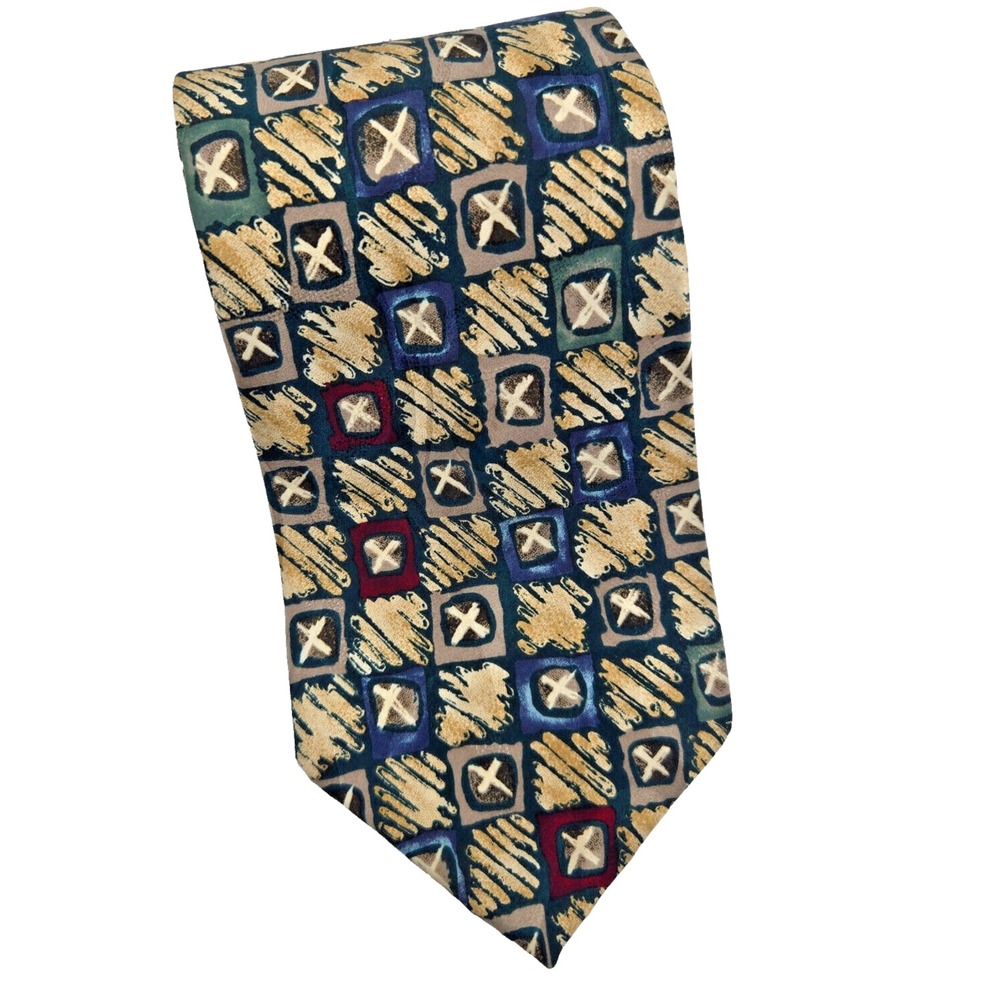 Structure Silk Tie Beige Blue Red X Preppy Geometric Mens Necktie USA‎ 58 x 3.75